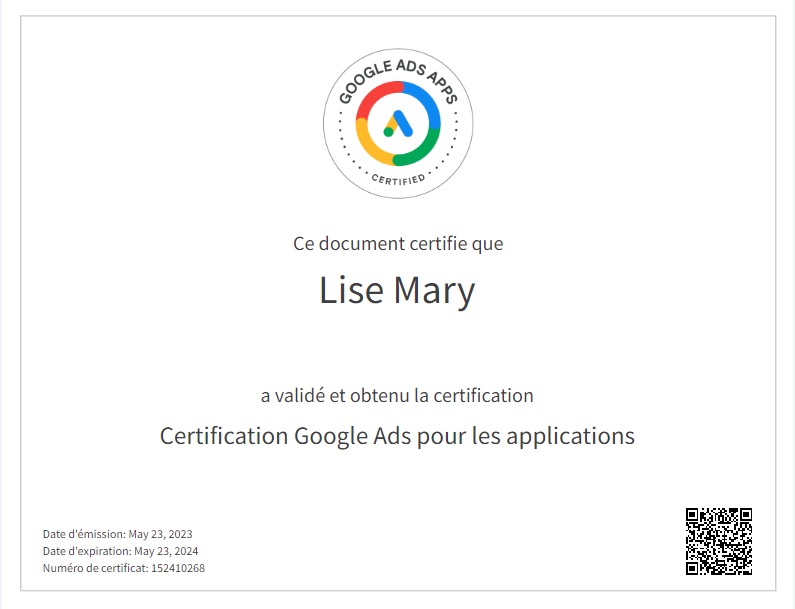 Certification Google Ads pour les applications de Lise Mary