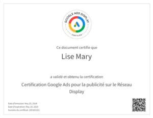 Certification Google Ads pour la publicité sur le réseau Display de Lise Mary