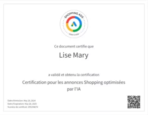Certification Google Ads pour les annonces shopping optimisées par l'IA de Lise Mary